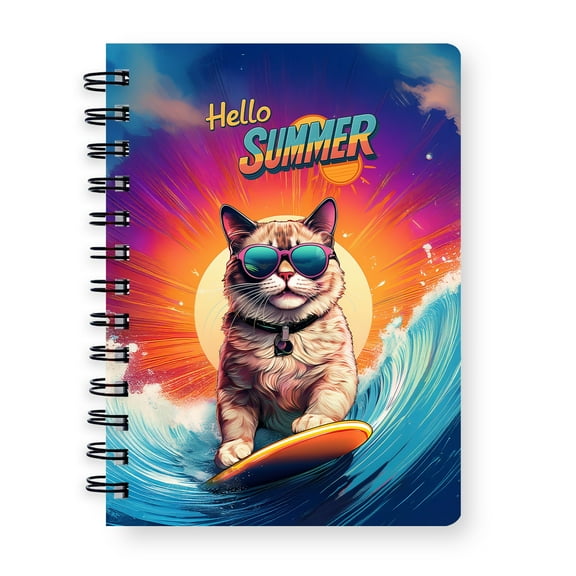 Retro Surfing Ragdoll in Cool Sunglasses Hello Summer Waves Spiral Bound Journal Cat Lover Kitten Owner Gifts Idea 5x7in Spiral Notebook - 10001