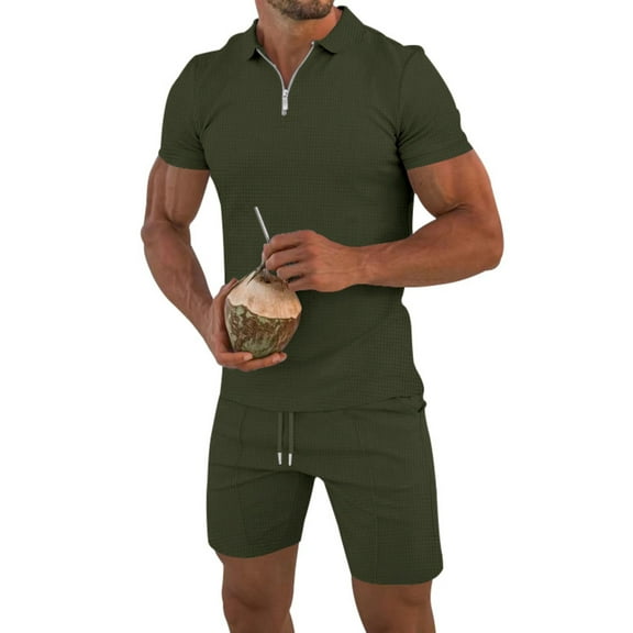 Wyobmus Men's Short Set 2 Piece Summer Beach Outfits Solid 1/4 Zipper Short Sleeve T-Shirts and Drawstring Shorts Set Olive Green