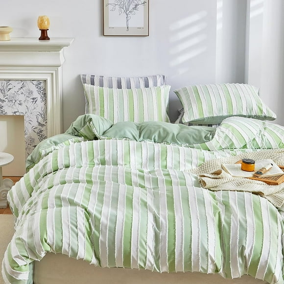and Green Boho Duvet Cover Queen Size, Striped Tufted Duvet Cover Set, Textured