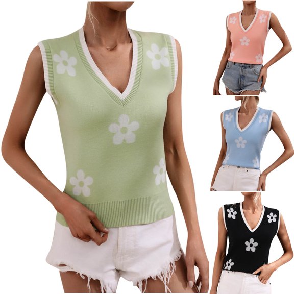 Utoimkio Summer Sweaters for Women 2023 Sleeveless V Neck Loose Sweaters Vest Floral Print Knitted Outwear Jumper Tops