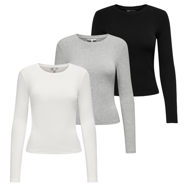 ONLY Camiseta de manga larga para mujer paquete de 3 - ONLRILEY O-NECK TOP, manga larga, cuello redondo, algodón elástico Negro/crudo/gris S (Small)