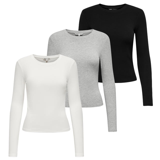 ONLY Camiseta de manga larga para mujer paquete de 3 - ONLRILEY O-NECK TOP, manga larga, cuello redondo, algodón elástico Negro/crudo/gris L (Large)