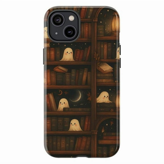 Cute Ghost Library Bookshelf Phone Case, Dual Layer Protective Phone Cover, Halloween Spooky Aesthetic Gift for iPhone 16 15 14 13 12 11 Pro Plus Mini