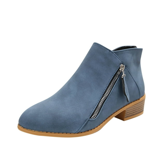 Blue Womens Chunky Heel Pointed Toe Ankle Boots With Side Zipper For Fall Casual Wear Versatile Sweet Cool Style