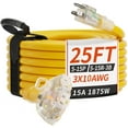 thumbnail image 1 of PlugSaf 25 FT 10/3 Cordon d'Extension Extérieur de Calibre avec Multiples Prises, Indicateur Lumineux, Cordon d'Extension Flexible à 3 Prises, Résistant aux Intempéries, Robuste, Imperméable, Jaune, 15, 1 of 7