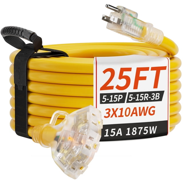 PlugSaf 25 FT 10/3 Cordon d'Extension Extérieur de Calibre avec Multiples Prises, Indicateur Lumineux, Cordon d'Extension Flexible à 3 Prises, Résistant aux Intempéries, Robuste, Imperméable, Jaune, 15