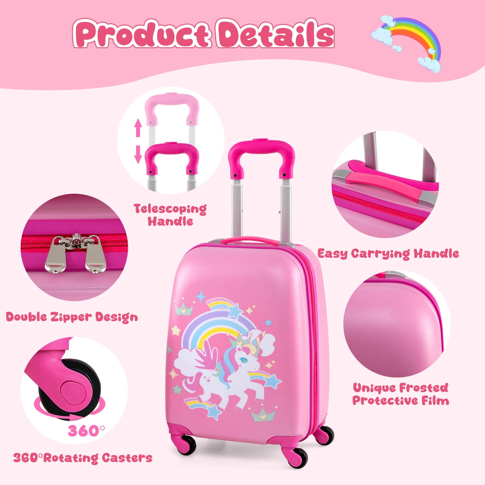 Costway 2PC Kids Carry On Luggage Set 12" Backpack and 16" Rolling Suitcase for Travel Multicolor