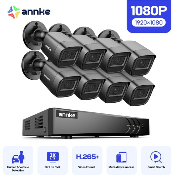 ANNKE 2MP Security Camera System, 8 Channel 3K Lite DVR Recorder with AI Motion Detection, 8X 1080P Add-on Wired Cameras with 65ft IR Night Vision, IP67, 3.6mm Lens, 0TB HDD, Black