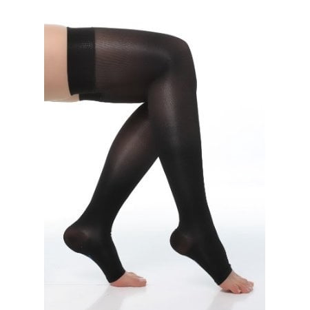 Dual Band Compressor - BriteLeafs Sheer Compression Stockings Thigh High Firm Support 20-30 mmHg, Stay-Up Scilicone band, Open Toe - XX-Large, Black