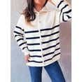 thumbnail image 4 of Women Long Sleeve Color Block Sweaters Striped Tops Button Down Open Front Knit Cardigan Coat Jackets White L, 4 of 9