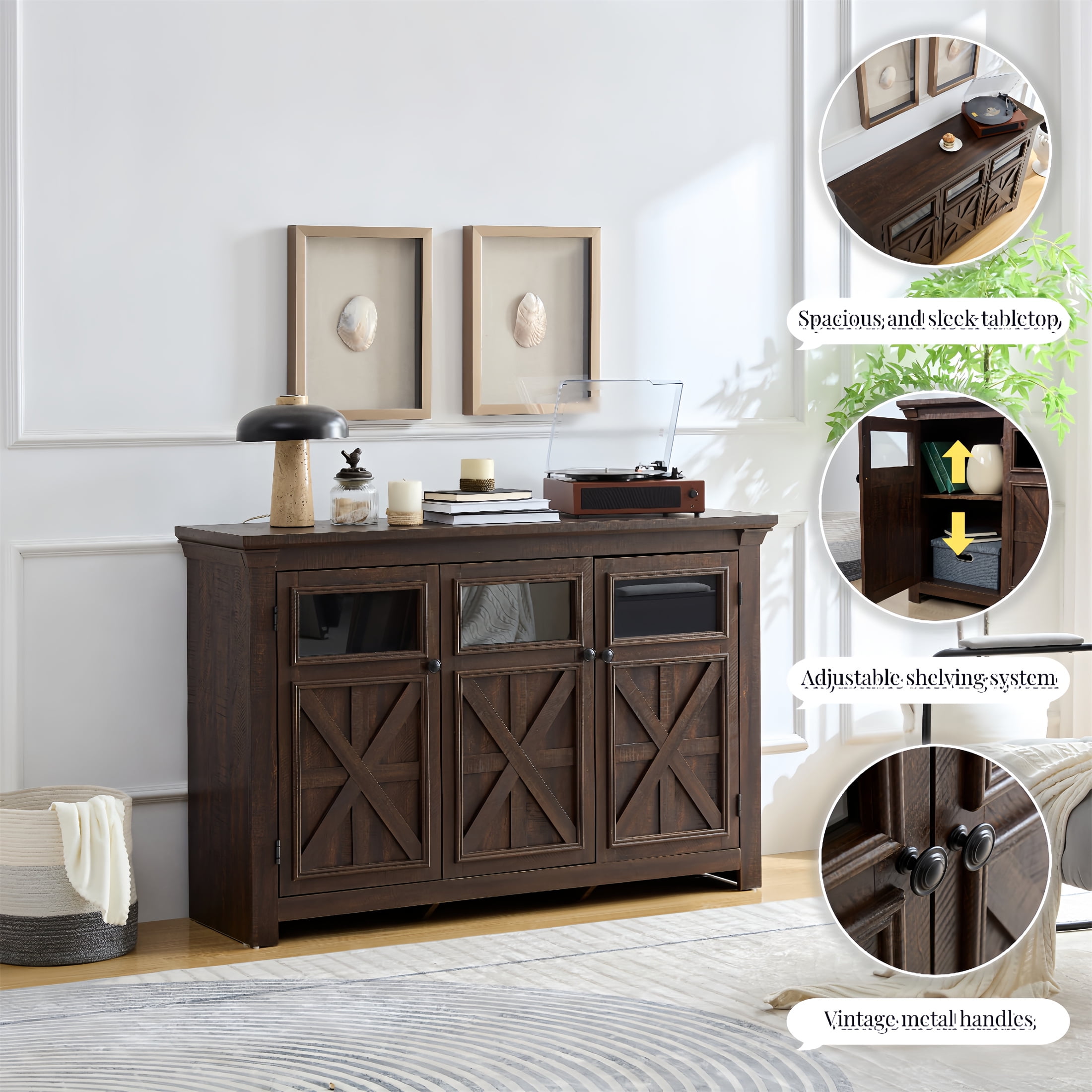 Aukfa 3 Doors Buffet Sideboard Cabinet,Bar Wine Cabinet for Entryway Living Room,Espresso