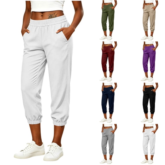 Titcea Capri Pants for Women Cotton Linen Elastic Waist Loose Fit Capris Summer Casual Cropped Pants with Pockets White L