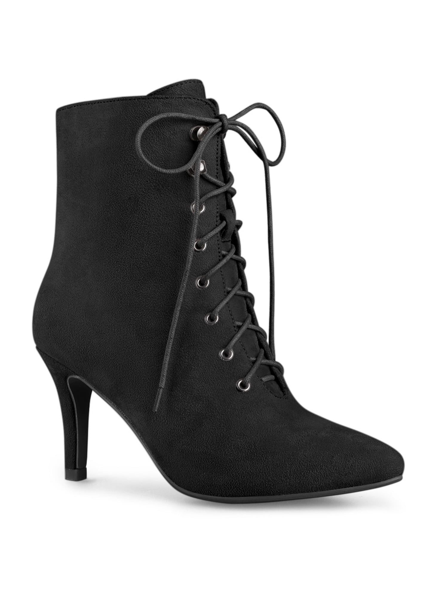 black pointed lace up ankle boots