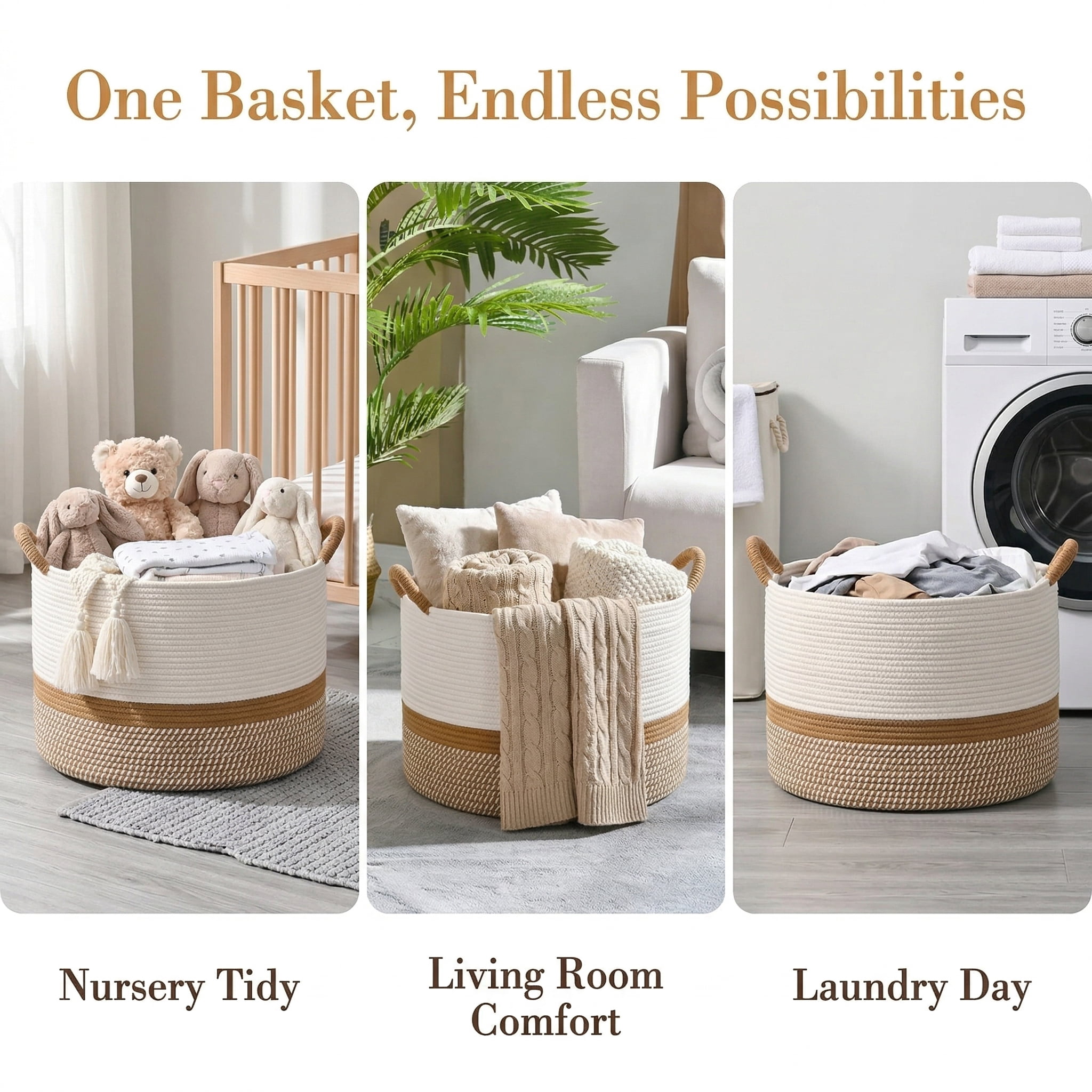 Large Blanket Basket (20"x13"),Cotton Rope Blanket Basket for Living Room, Laundry, Nursery, Pillows,  (White/Brown)