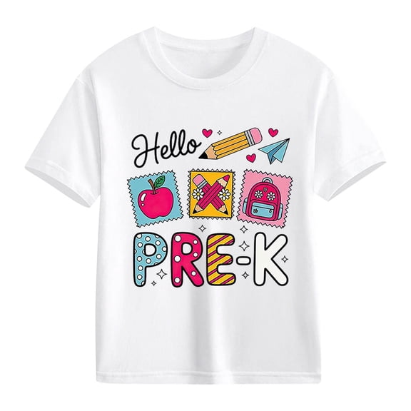 YunPes First Day of School T Shirt for Girls Hello Pre-K Graphic Short Sleeve Tees Toddler & Big Kids Summer Casual Daily Wear 2-13 Years