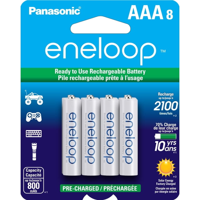 pilas recargables eneloop panasonic bk-4mcca8ba aaa x8 Paquete frontal con ocho pilas AAA Eneloop precargadas (Ni‑MH), diseño blanco con logo en azul sobre empaque azul y verde; el empaque muestra hasta 2100 recargas y capacidad típica 800 mAh, iconos de uso para controles remotos, juguetes y linternas; a menudo usadas también en dispositivos inalámbricos pequeños.
