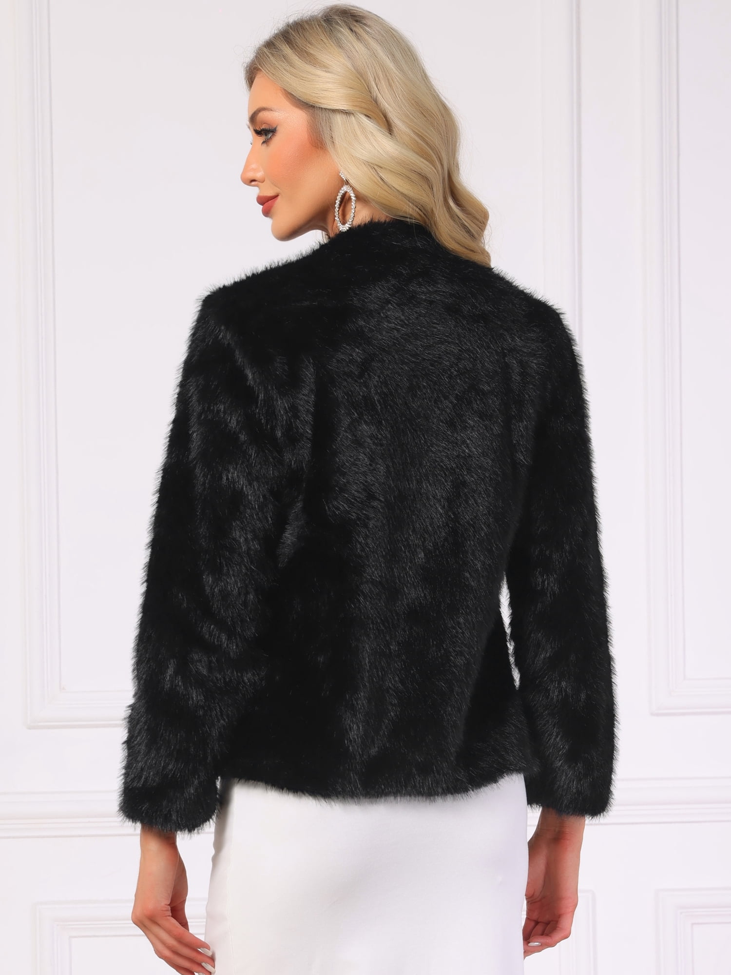 DARING DIVA Women's Faux Fur Long Sleeve Open Front Overcoat Fluffy Jacket S Black