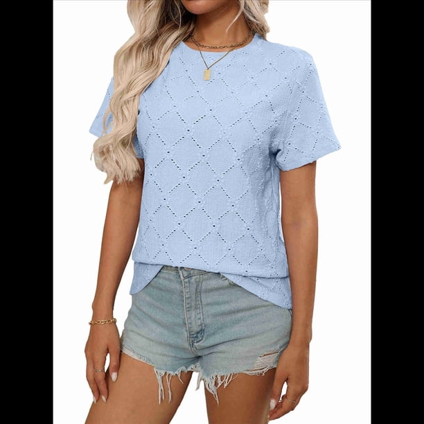 Blusa Informal de Corta con Cuello Redondo, Ojales Bordados y Aberturas para Mujer, Color Azul , Talla M