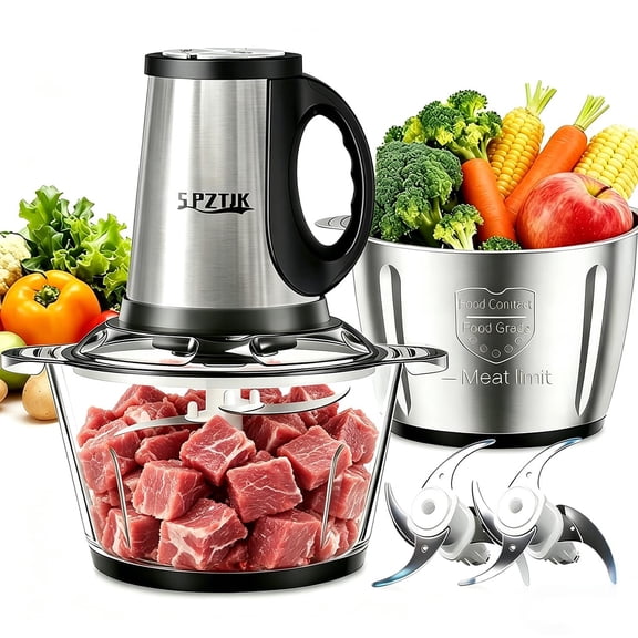 3-Speed Electric Food Processor, 300W, 8 Cup Stainless Steel 8 Cup Glass