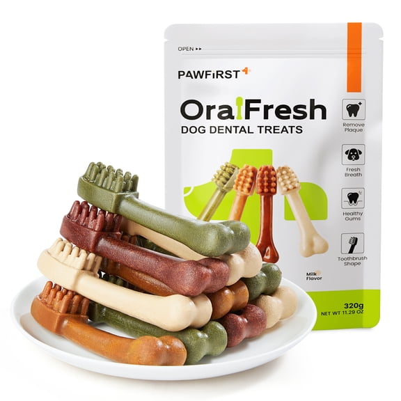 PawFirst Dental Chews for Medium and Large Dogs, Toothbrush-Shaped Dog Treats for Teeth Cleaning and Breath Freshening, 26 oz, 16 Count