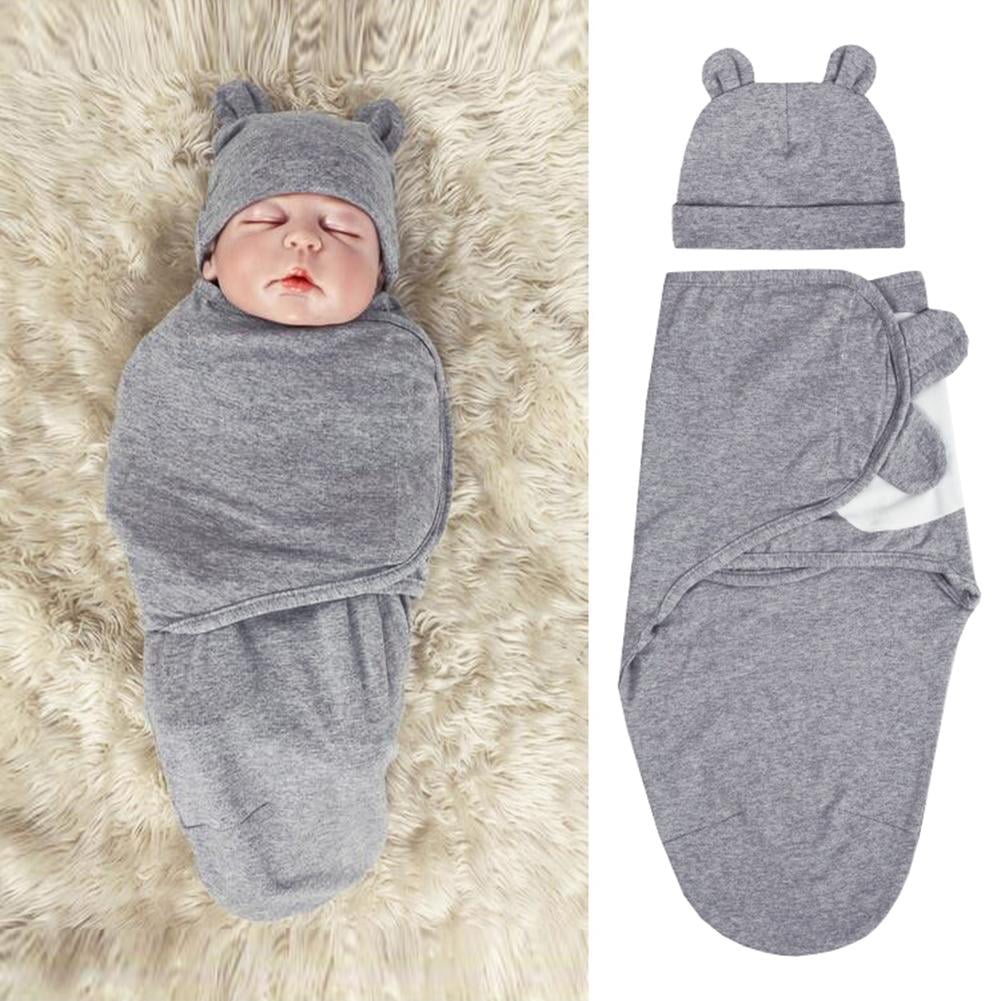 2pcs/set 0-3m Baby Cotton Cap Swaddle Wrap Infant Hat Blanket Sleeping Bags BF#