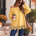thumbnail image 4 of Womens Sweaters for Fall Long Sleeve Off Shoulder Lace Hem Cozy Pullover Tops Loose Fit Knit Basic Cute Y2k Fashion Sweater Yellow L, 4 of 4