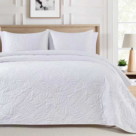 Bourina Ultrasonic Quilt Set 3-Piece,Pre-Washed Microfiber Ultra Soft Lightweight Leaf Bedspread Coverlet Set for All Season, Queen White
