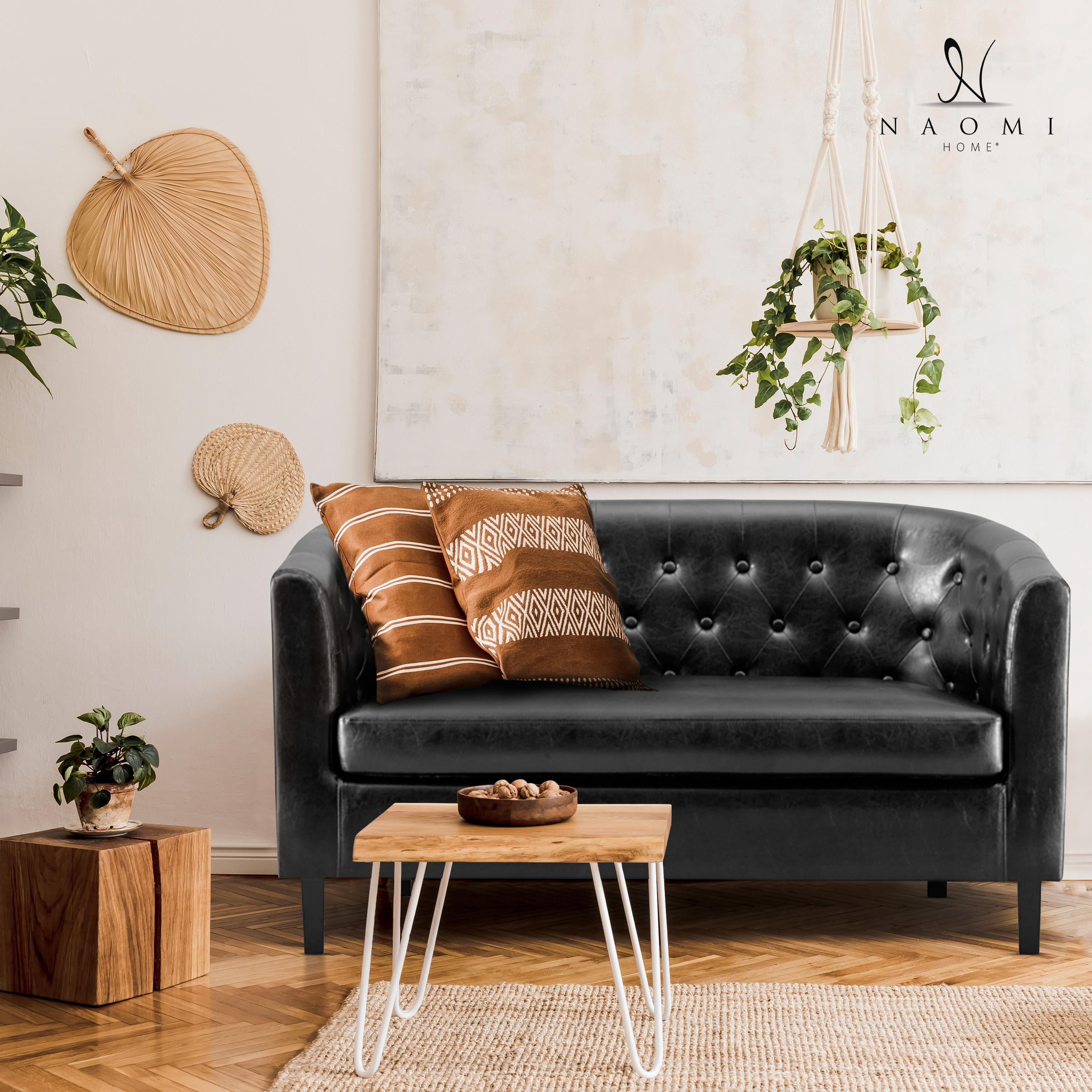 Naomi Home, Emma, Button Tufted Faux Leather Barrel Loveseat, Mid-Century Modern 2-Seater Couch – Black