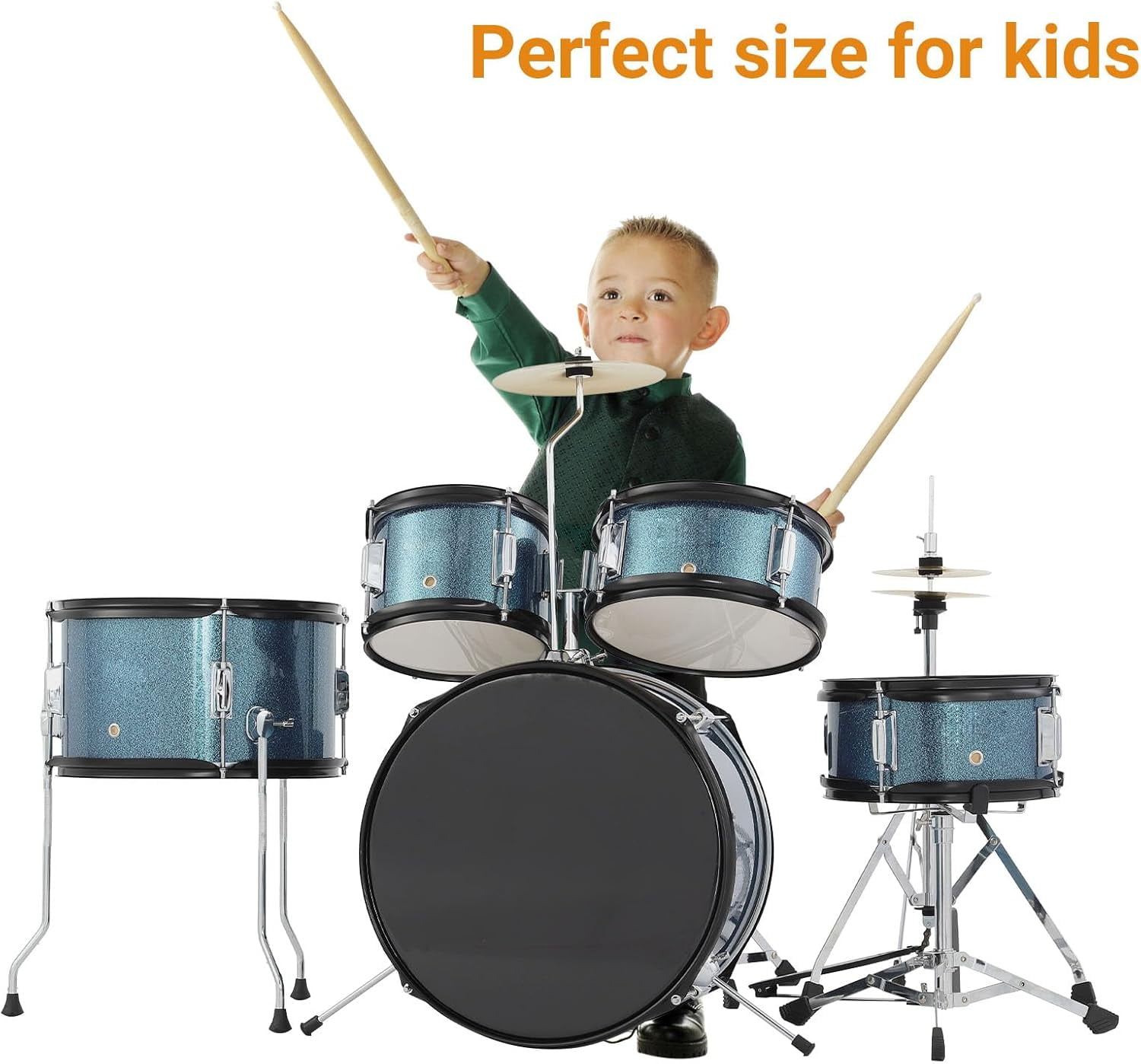 5-Piece Drum Set, Complete Kit with Bass Drum, Tom, Snare, Hi-Hat, Cymbal & Pedal, 16in Full Drum Set with Drumsticks and Stool, Blue