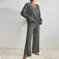 thumbnail image 4 of 2 Piece Outfits for Women V Neck Long Sleeve Knit Sweater Top and Wide Leg Pants Ribbed Lounge Matching Set Fall Winter Dark Gray 2XL, 4 of 6