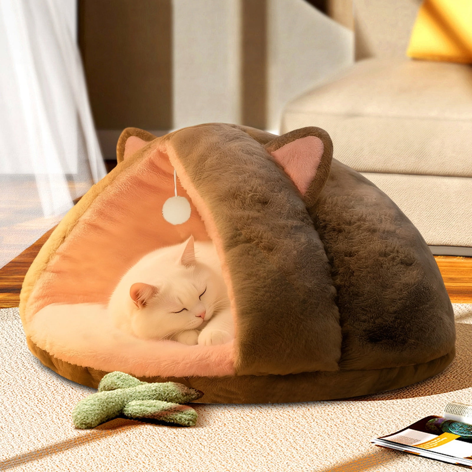 Plush Semi Enclosed Cat Bed, Calming Nest, Self-Warming Cave, Cozy Pod for Indoor Cats or Small Dogs, Removable Washable Cove With Non-Slip Bottom,15.75x17.72 in （Gray）