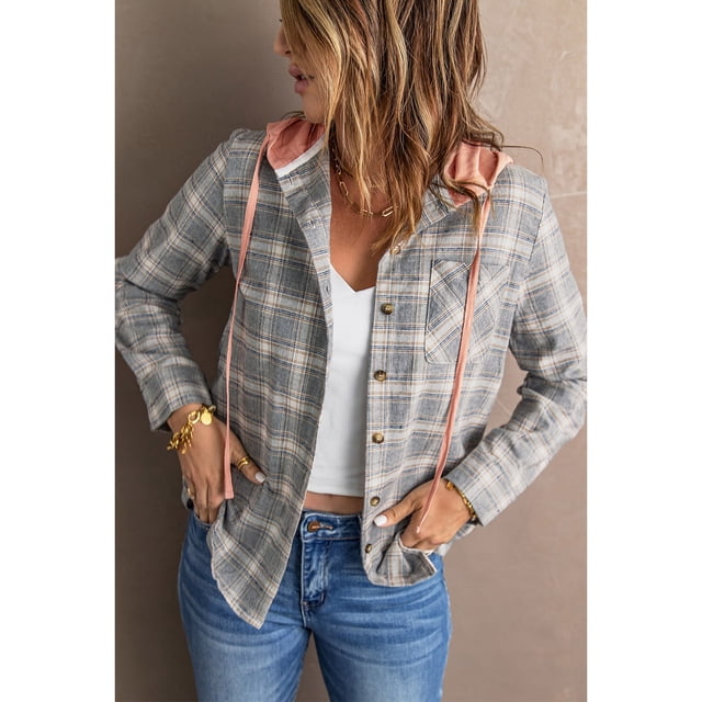 Abrigo de camisa a cuadros con capucha bolsillo en el pecho de la chaqueta de la camisa con capucha para la fiesta para el trabajo diario
