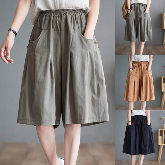 Women's Soft Fabric Mid Elastic Waist Capris with Pockets, Straight Leg Cropped Pants, Casual Comfortable Summer Beach Workout Pants | VerBelle,Green L