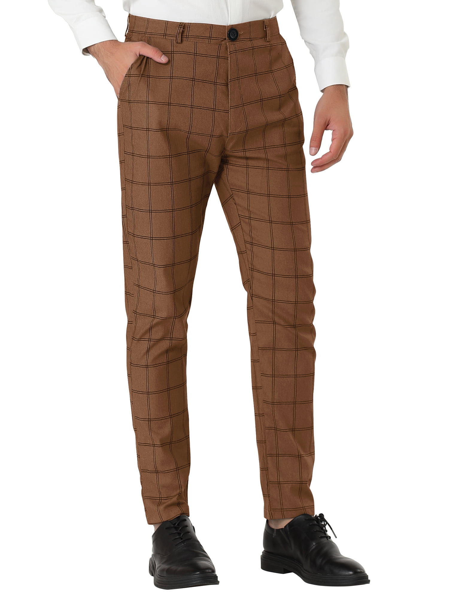Unique Bargains Men's Slim Fit Plaid Business Pants Trousers with Pockets 38 Dark Brown