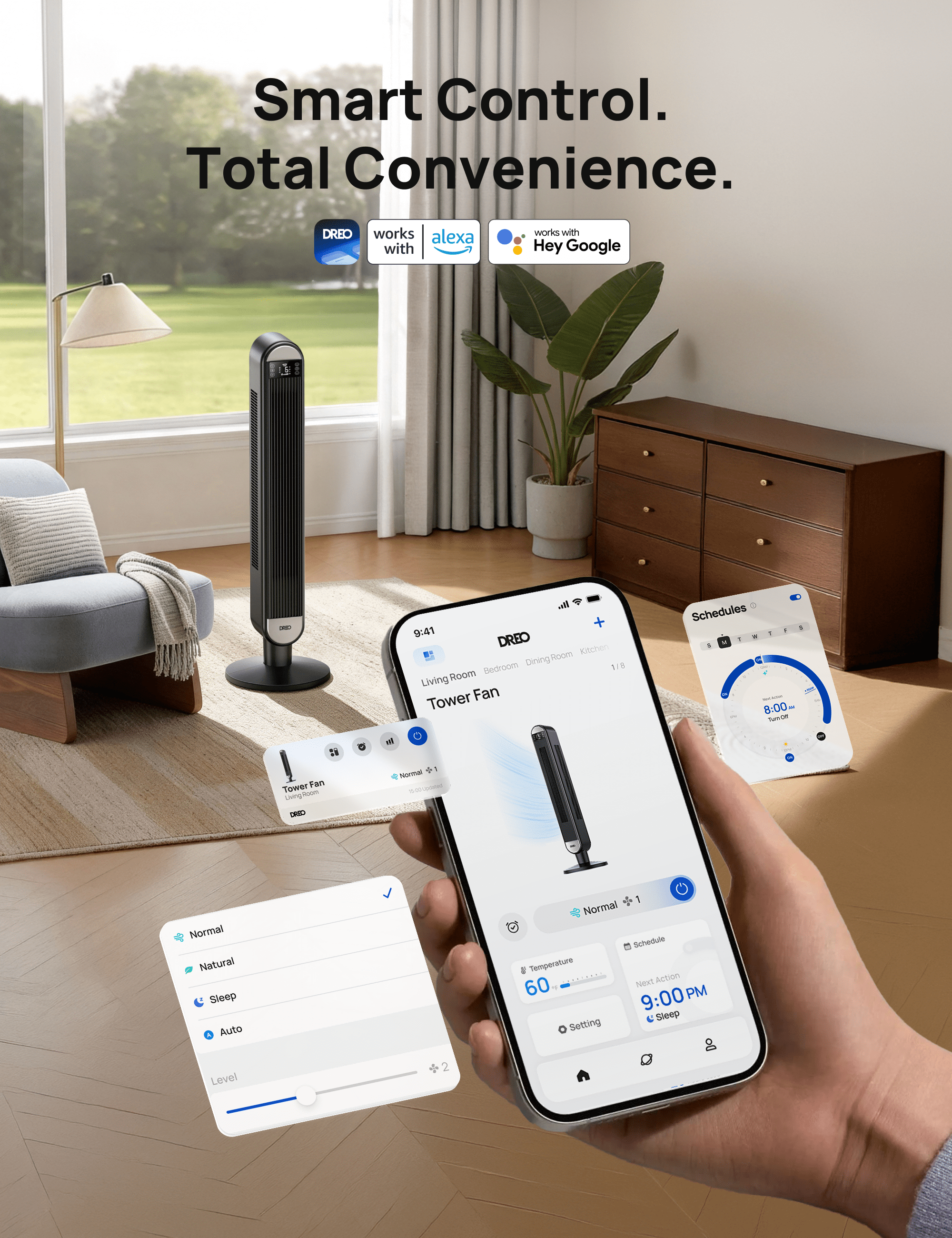 DREO 42" Smart Tower Fan for Home, Standing Bladeless Fan with WiFi Voice Control, 90° Oscillating Fan with LED Display, 12H Timer, 6 Speeds 4 Modes, 25ft/s High Velocity, Ultra Quiet Bedroom Fa