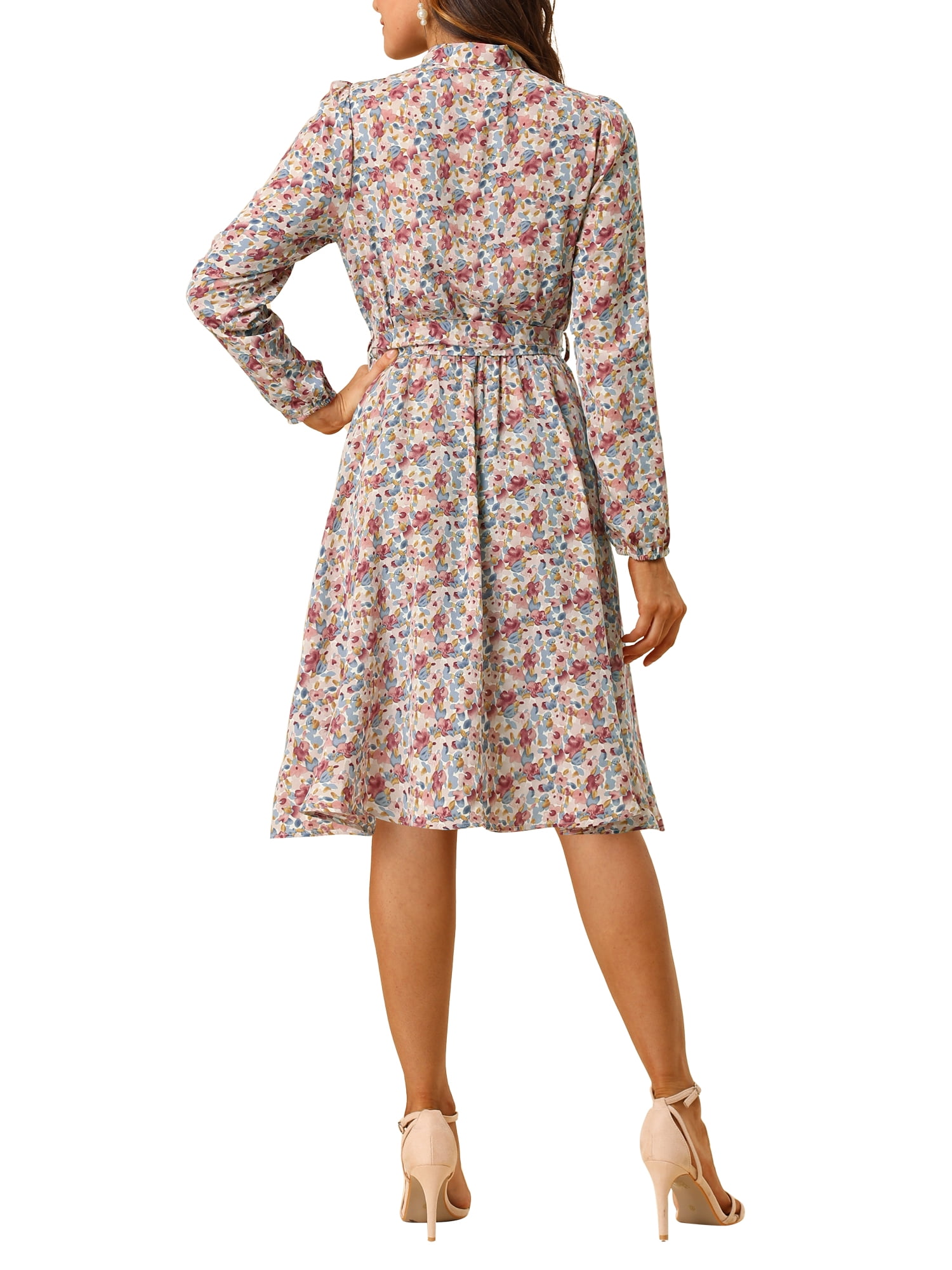 DARING DIVA Tie Neck Chiffon Belted Vintage Floral Midi Dress L Blue