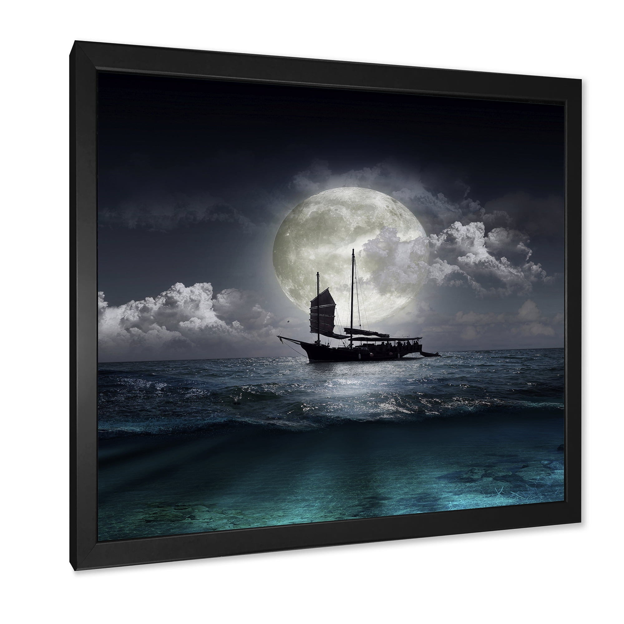 The Lake During Full Moon With Fisher Boat 30 in x 30 in Framed Photography Canvas Art Print, by Designart