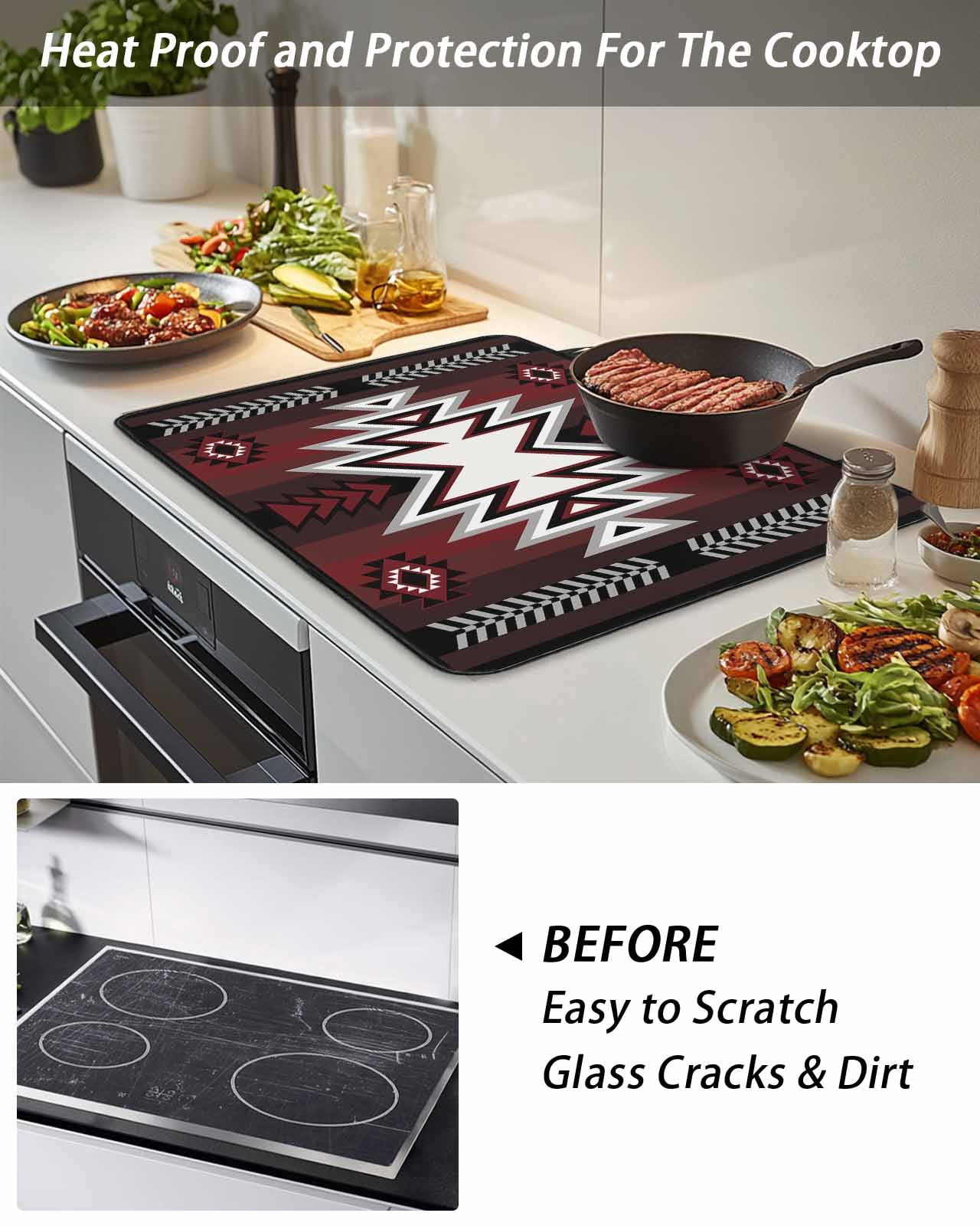 Stove Top Covers for Electric Stove, Red Black Glass Stovetop Cover Protector, Southwest Geometric Aztec Farmhouse Tribal Induction Cooktop Protector Oven Mat for Kitchen Countertop 36"x21"