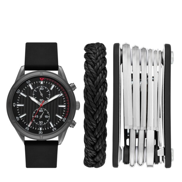 Men's Watch Gift Set with Shiny Gunmetaltone Watch, Black Dial