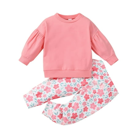 

Nokpsedcb 2PCS Toddler Infant Kids Baby Girls Puff Sleeve O-Neck Tops Floral Printing Long Pants Pink 18-24 Months