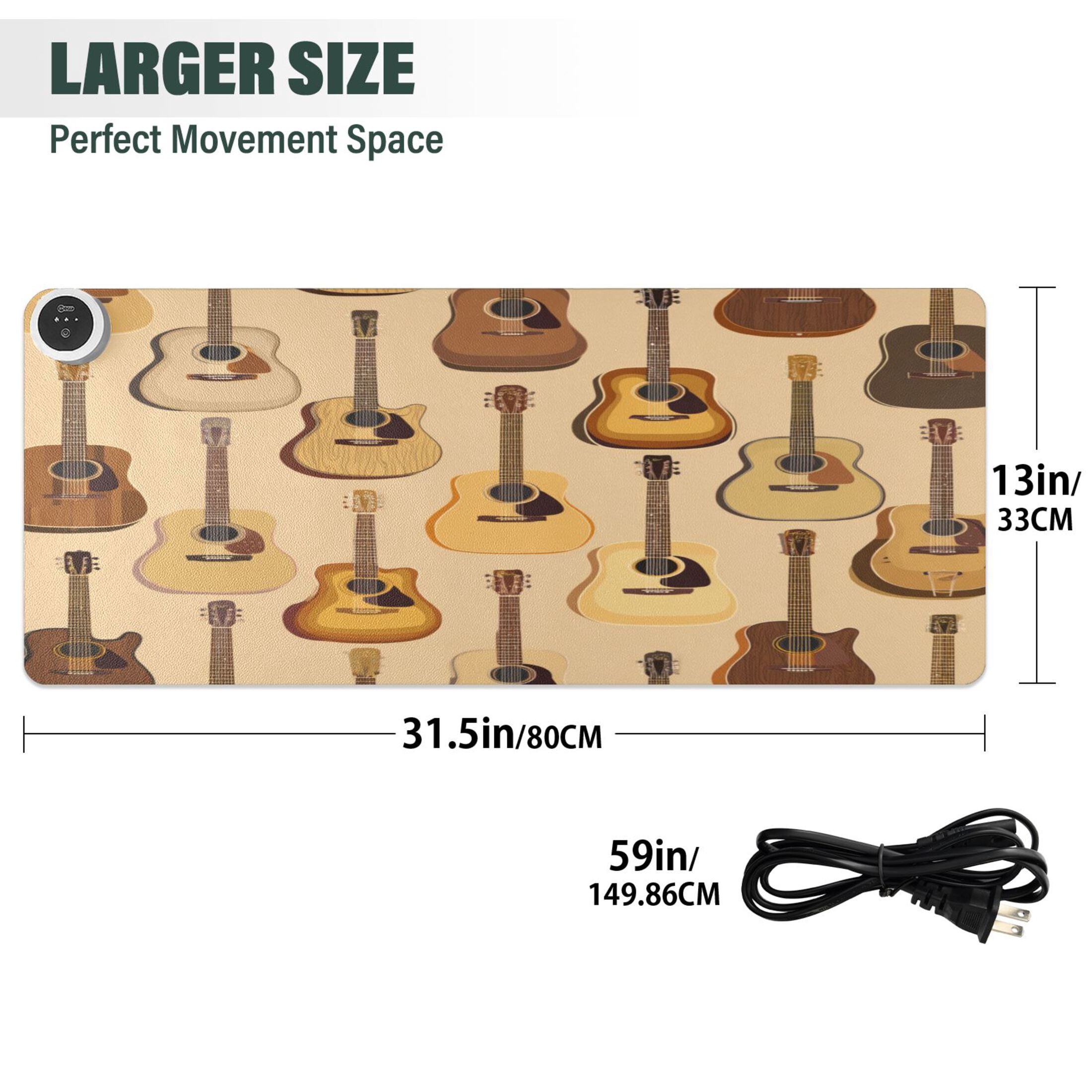 Large Heated Desk Mat Mouse Pad 31.5"x13"PU Leather Graphene Heating Desk Warmer with 3 Temperature Settings 110V US Plug Non-Slip Warm Pad for Home, Office, and Gaming Warm Acoustic Guitar Pattern