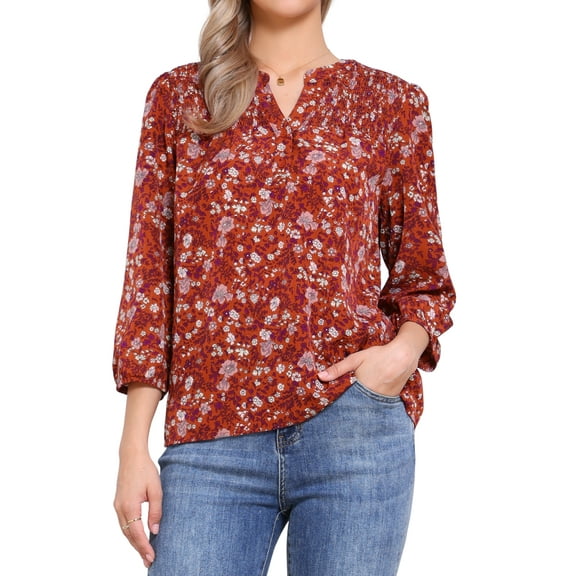 DARING DIVA Women's 3/4 Sleeve Smocked Front V Neck Floral Blouse XS Dark Orange