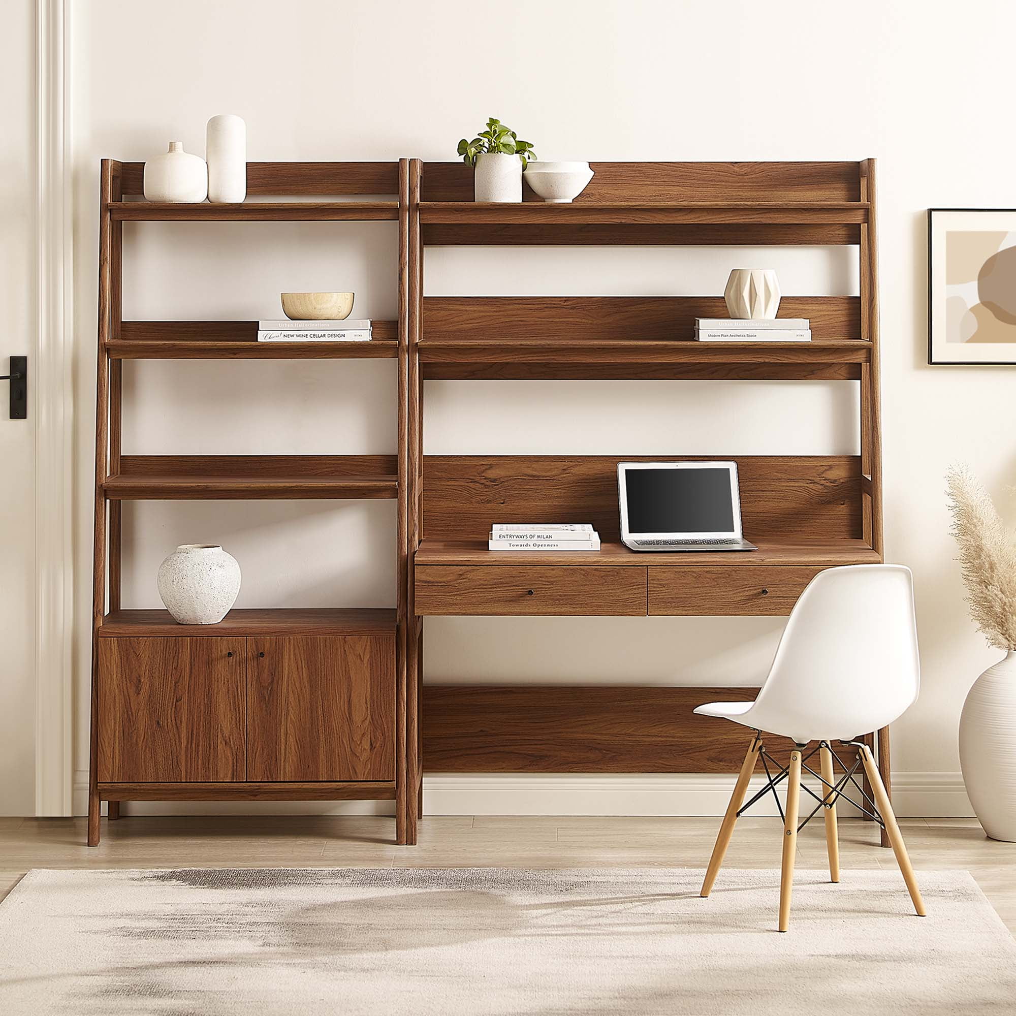 Modway Bixby 2-Piece Wood Office Desk and Bookshelf in Walnut