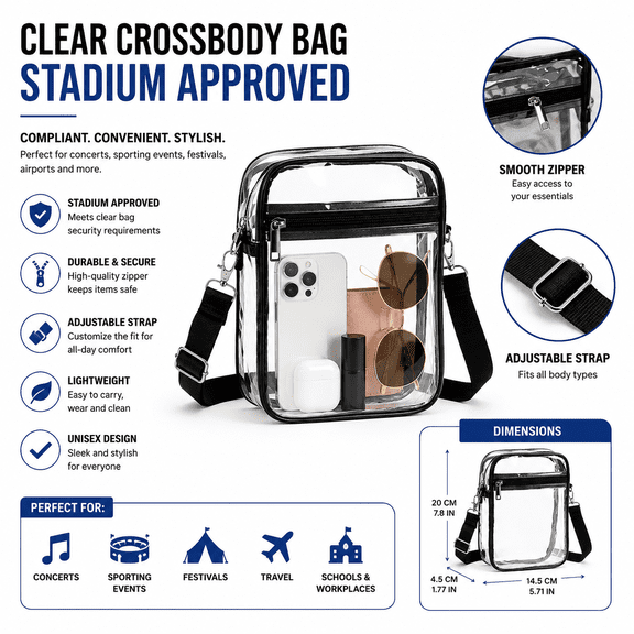 Clear Stadium Approved Crossbody Bag with Adjustable Shoulder Strap for Concerts, Sports & Travel