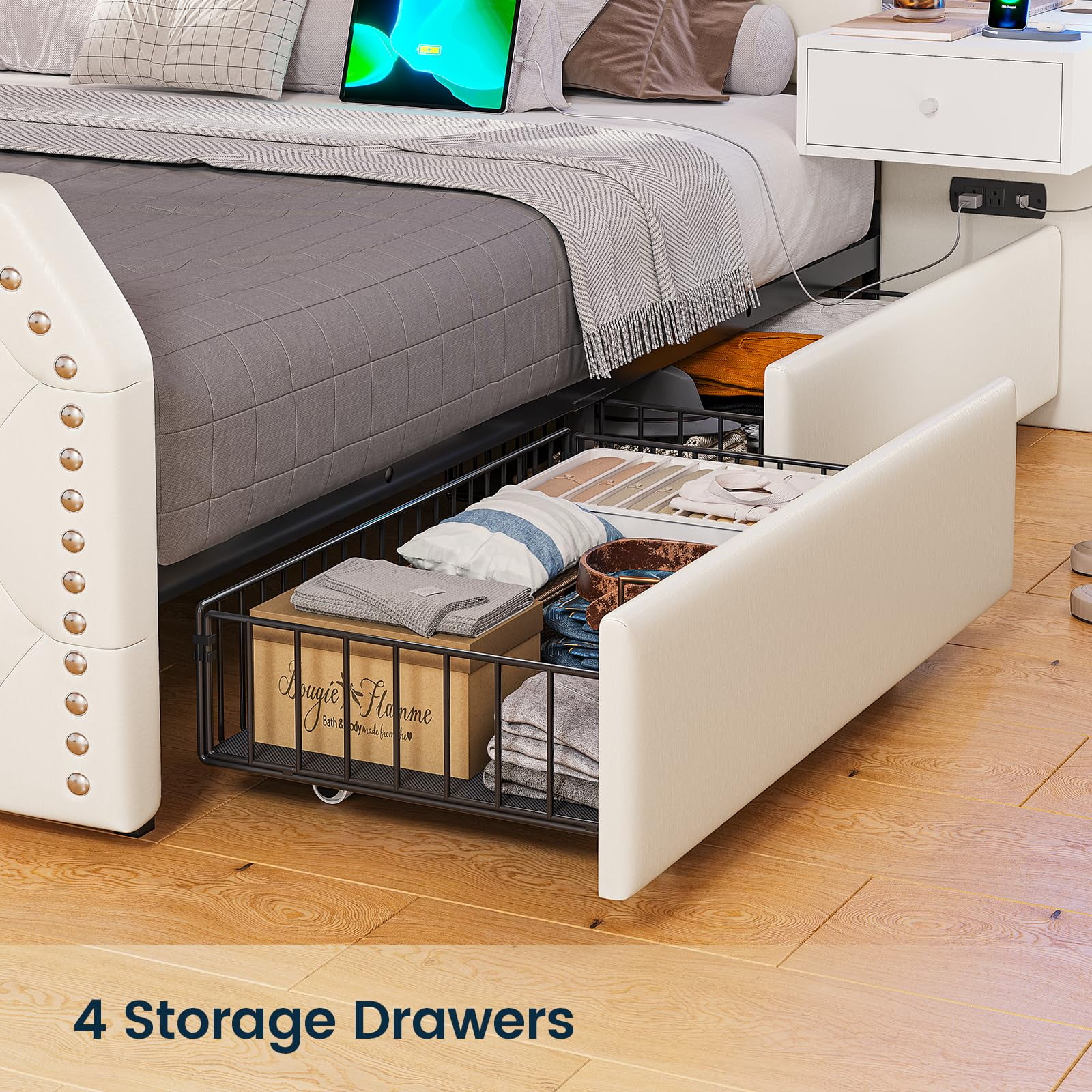 Queen Bed Frame with 2 Nighstands, Power Outlets and 4 Drawers, Upholstered Bed with Vanity Tables and Mirrors, Modern Velvet Tufted Platform Bed with Headboard & Footboard, White