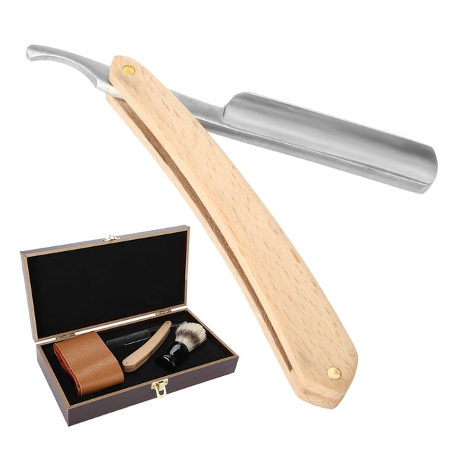 Juego de 3 piezas de afeitadora, maquinilla de afeitar manual, cepillo para barba, correa de afeitar, caja de madera, juego de regalo