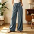 thumbnail image 2 of Women's Cotton Spandex Wide Leg Pants, Elastic Drawstring High Waist, Loose Soft Pockets, Casual Summer Beach Travel Lounge, Flowy Trousers | VerBelle,Gray 2XL, 2 of 7