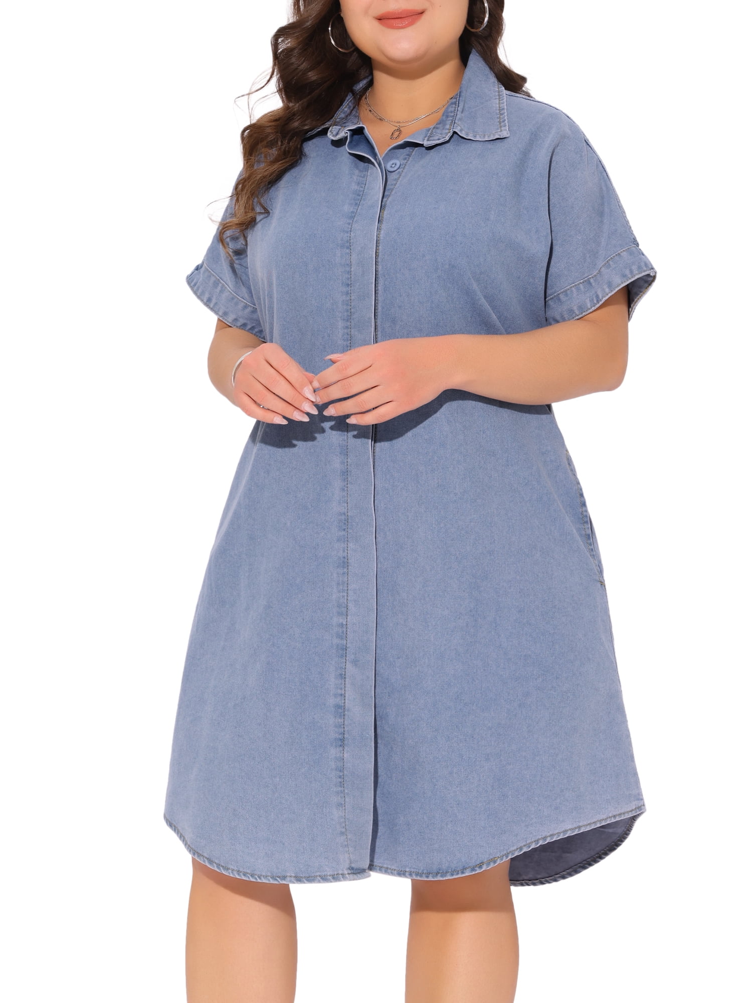 DARING DIVA Women's Plus Size Denim Short Sleeve Button Down Dress 4X Light Blue