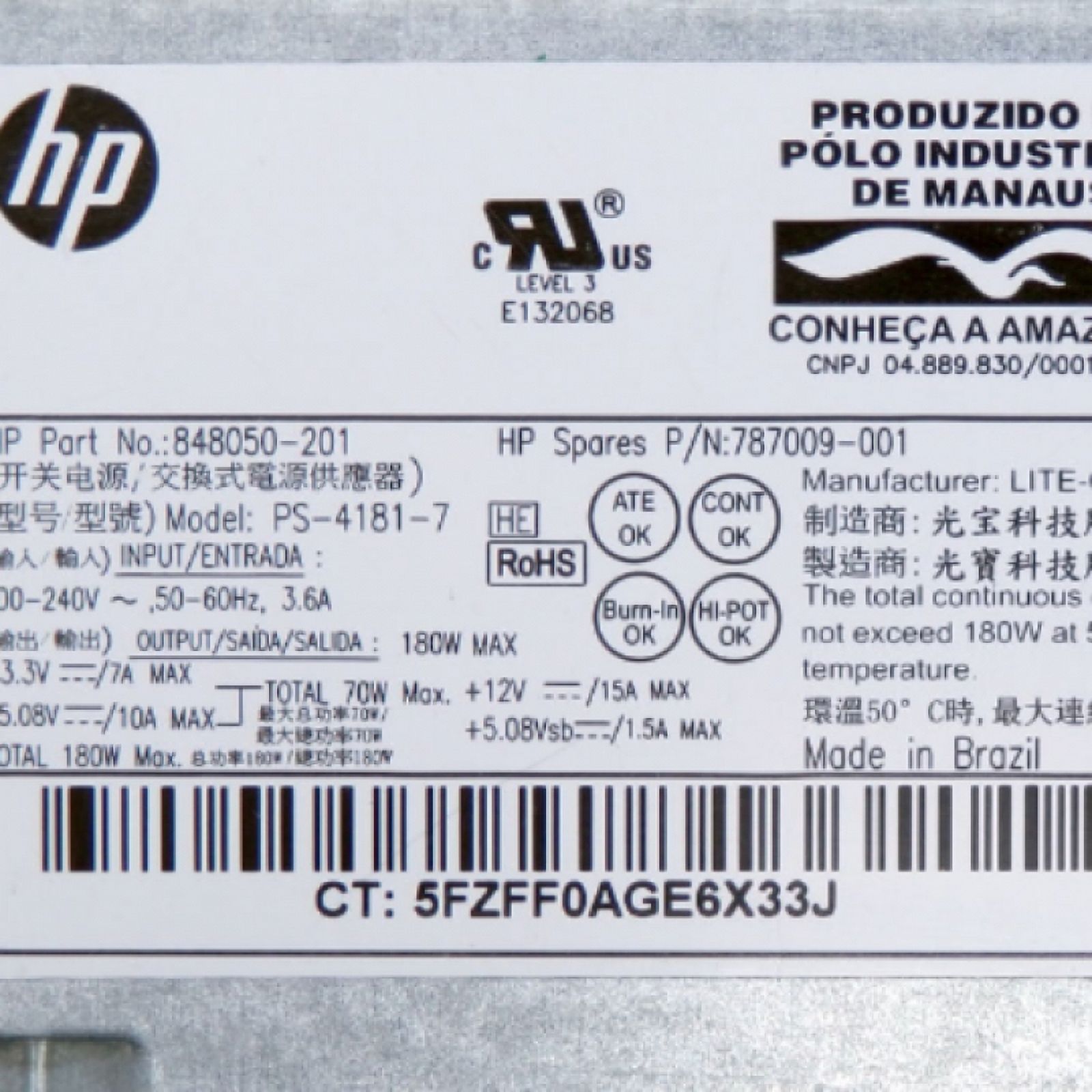 HP PS-4181-7 180W High Efficiency Power Supply 848050-201 787009-001