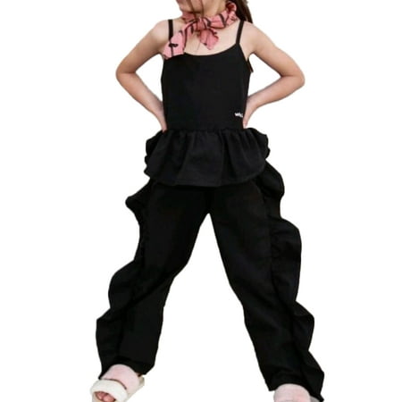 Black Long Strap - Baby Girls 2Pcs Outfit Set Black Ruffle Edge Strap Tank Tops + Ruffle Long Pants Summer Clothes for 1-6 T